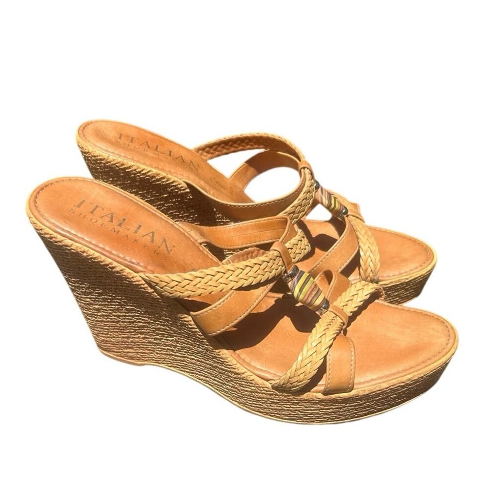 Italian Shoemakers Tan Braided Wedge Sandals Beaded Slip On Size 9.5